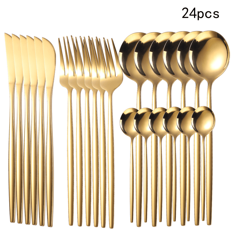 24 piezas de cubiertos de acero inoxidable con opciones doradas y plateadas, con cuchillos, tenedores y cucharas de estilo occidental creativo, aptos para restaurantes y cenas en casa, aptos para lavavajillas.
