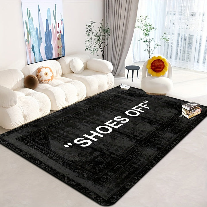 Alfombra Estampada Bohemia 'SHOES OFF' - Suave, Antideslizante, de Franela en Negro | Perfecta para Sala de Estar, Dormitorio, Comedor, Oficina y Decoración de Entrada