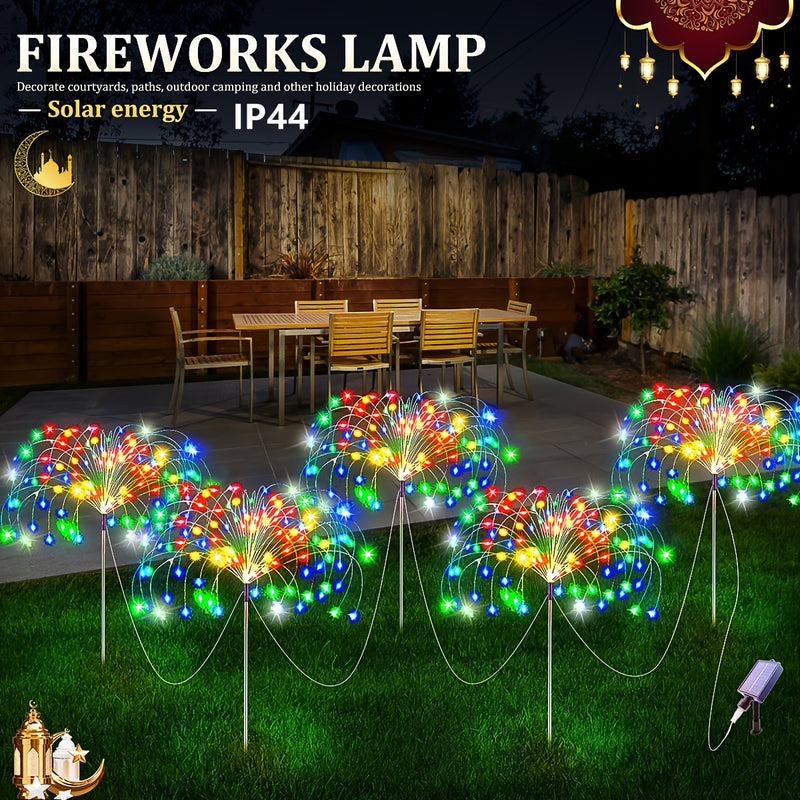 5 luces solares de fuegos artificiales para decoración exterior - 8 modos de iluminación, luces LED para San Valentín, Ramadán, Navidad, Halloween, bodas y fiestas en el jardín, perfectas para ambiente festivo, luces solares colgantes