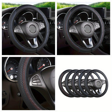 Funda para volante en cuero sintético transpirable - Protector duradero y resistente a rayones con detalles en rojo, para autos pequeños, uso en todas las estaciones, accesorios para interior de auto, accesorio elegante para auto, piezas de calidad para