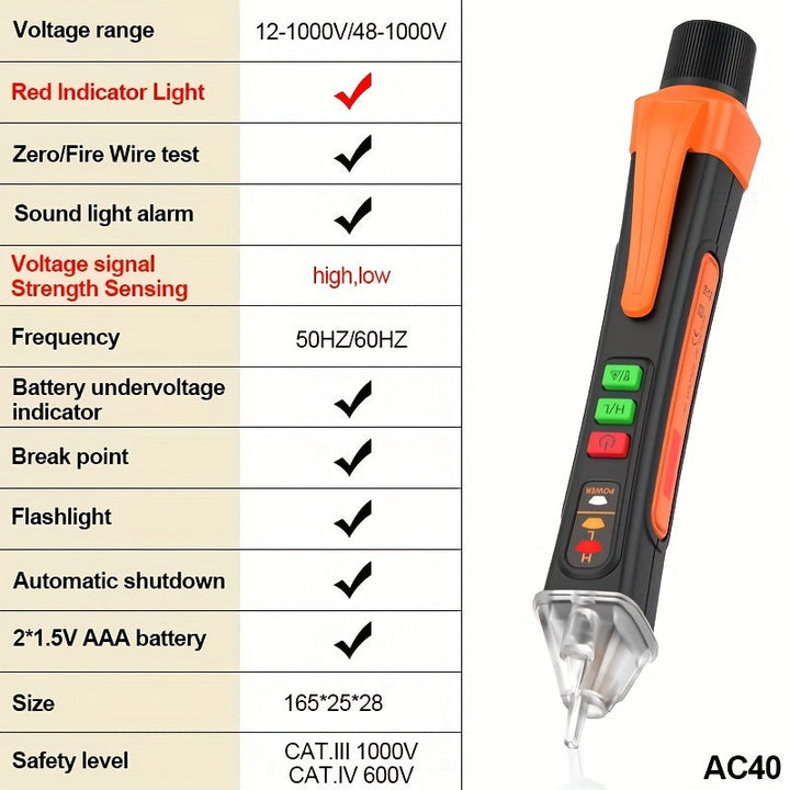 Detector de Voltaje Inteligente sin Contacto en Forma de Bolígrafo - Detección de 12-1000V AC/DC con Puntero Láser, Prueba de Cable Cero Fuego y Alarma Sonora, Sensor Eléctrico Portátil para Circuitos (Batería No Incluida), Probador de Voltaje