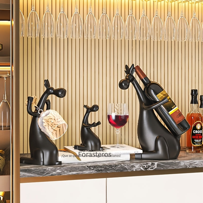 1pc Estatua de Alce de Resina Negra de Lujo para Familia de 3 - Pintada a Mano, Decoración Multifuncional para el Hogar con Exhibición de Vidrio y Botella, Ideal para Regalos de Navidad, San Valentín y Acción de Gracias, Decoración de Alce