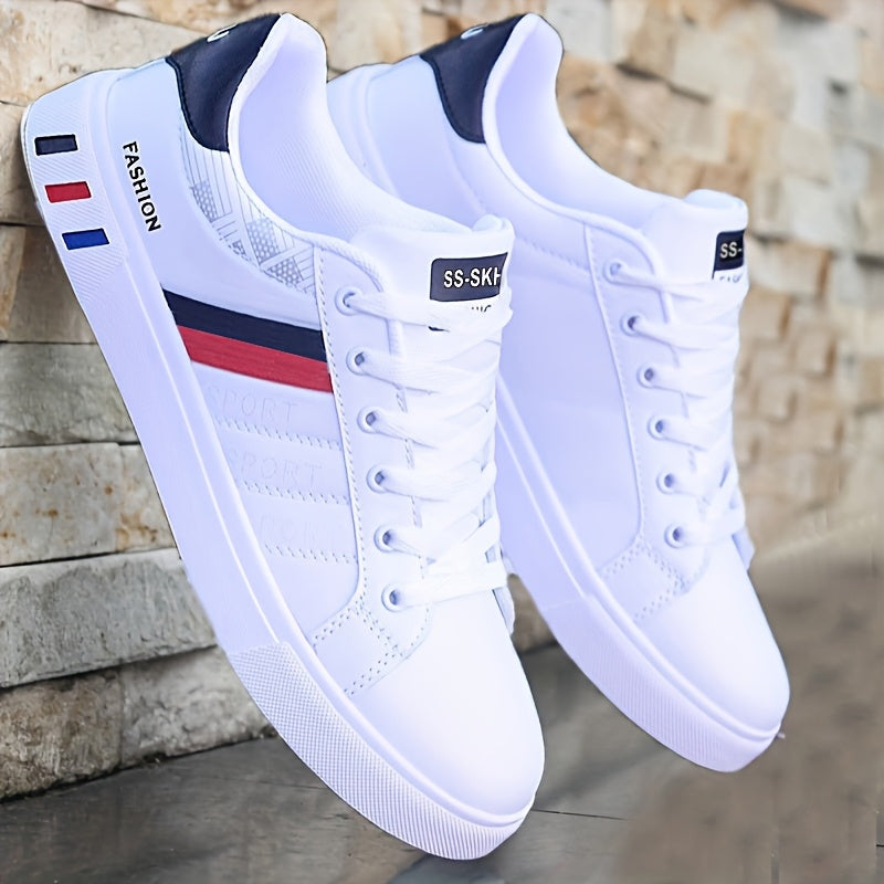 Zapatillas de skate de hombre KOONEXY - Blanco y azul marino, con cordones y detalles rojos, parte superior de falso tejido transpirable, suela de PVC duradera, diseño de punta redonda para uso casual y formal, zapatos de skate, calzado casual, elegantes