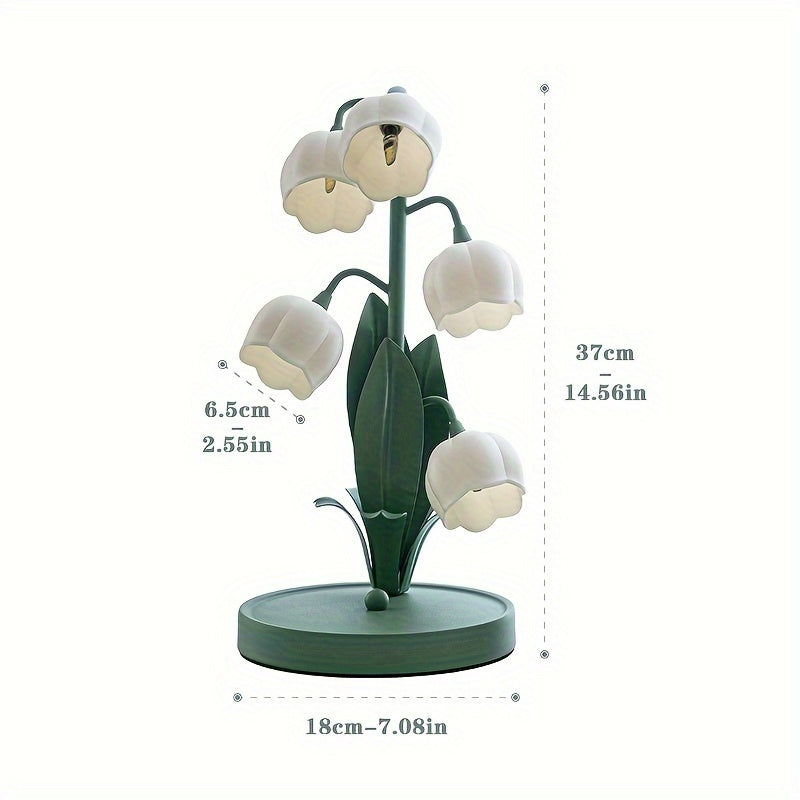 [Lámpara de Mesa de Flor Suzuran con Alimentación USB] Diseño de Flores Artificiales, Acabado Metálico Mate, Iluminación Decorativa Artística, Control con Botón de Encendido, Incluye Interfaz de Alimentación