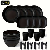 Juego de Vajilla Elegante de Plástico Negro de 32 Piezas - Incluye Platos, Cuencos, Tazas, Tenedores, Cucharas, Cuchillos - Reutilizable y Apto para Microondas - Ideal para el Hogar, Picnics, Regalos - Diseño Redondo Elegante Perfecto para Celebraciones