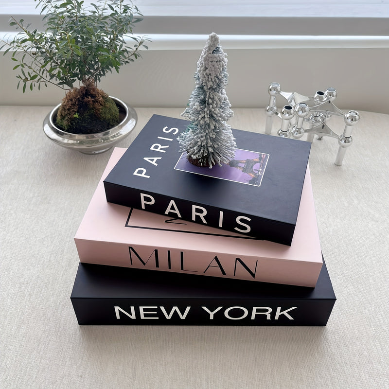 3 libros decorativos de lujo - "Nueva York se queda" con diseño de rosa, "Milán" libro de moda y "París" guía de viajes - Ideal para decoración de hogar, oficina o café, decoración de oficina | Exhibición de libros elegantes | Estilo Art Deco