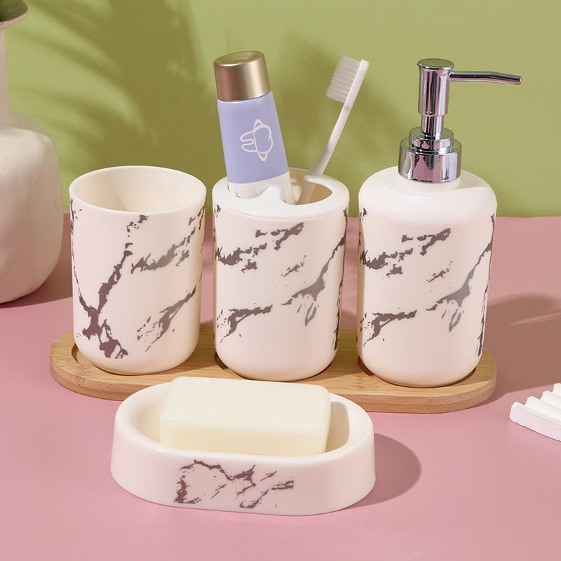 Juego de Baño Cerámico Minimalista Nórdico de 4 Piezas - Incluye Dispensadores de Jabón de Manos, Champú y Gel de Baño con Vasos a Juego