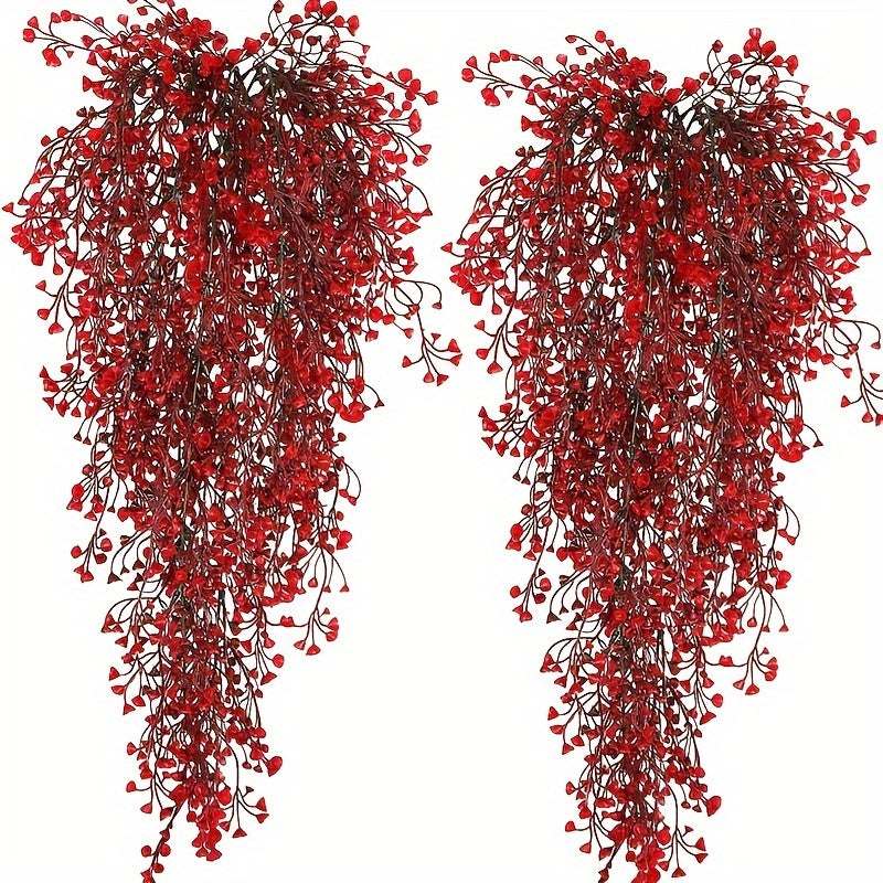 2pcs Guirnaldas Festivas de Bayas Rojas - Plantas Artificiales Colgantes para Decoración Interior/Exterior, Perfectas para el Día de San Valentín y Navidad, Acentos para Ventanas de Oficina en Casa y Pasillos, Lo Mejor para Navidad