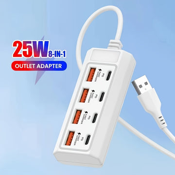 Centro de carga USB de 8 puertos con carga rápida de 25W, interfaz múltiple, compatible con teléfonos inteligentes y dispositivos, ≤36V, centro de hogar inteligente | Estación de carga moderna | Centro de carga compacto, estación de carga USB