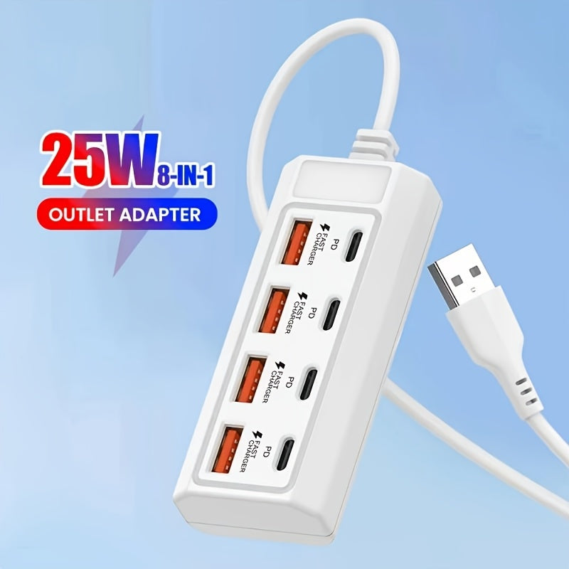Centro de carga USB de 8 puertos con carga rápida de 25W, interfaz múltiple, compatible con teléfonos inteligentes y dispositivos, ≤36V, centro de hogar inteligente | Estación de carga moderna | Centro de carga compacto, estación de carga USB