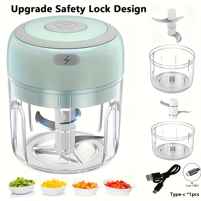 Picadora de ajo eléctrica compacta con una capacidad de 100/250 ml, molinillo de carne alimentado por USB y un diseño robusto para picar ajo, jengibre y verduras, ideal para uso en la cocina.