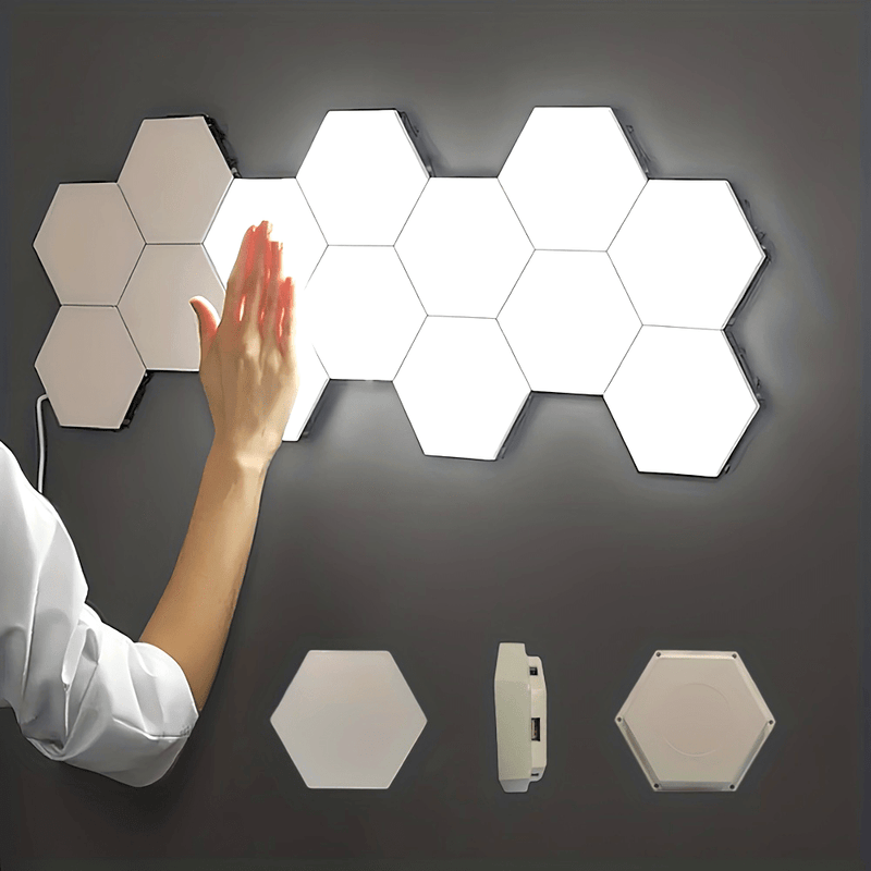 6-Pack de luces LED hexagonales de pared con control táctil, montaje DIY, iluminación blanca neutra de bajo consumo con luz nocturna táctil, material plástico, montaje en pared, iluminación hacia arriba, alimentación USB, no incluye batería.