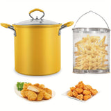 Freidora de Acero Inoxidable de Gran Capacidad con Colador de Malla, Tapa y Asas de Silicona - Antiadherente, Diseño Ahorrador de Aceite Perfecto para Papas Fritas, Pollo, Verduras, Huevos y Pasta, Utensilios de Cocina|Diseño de Doble Asa|Acabado Resiste