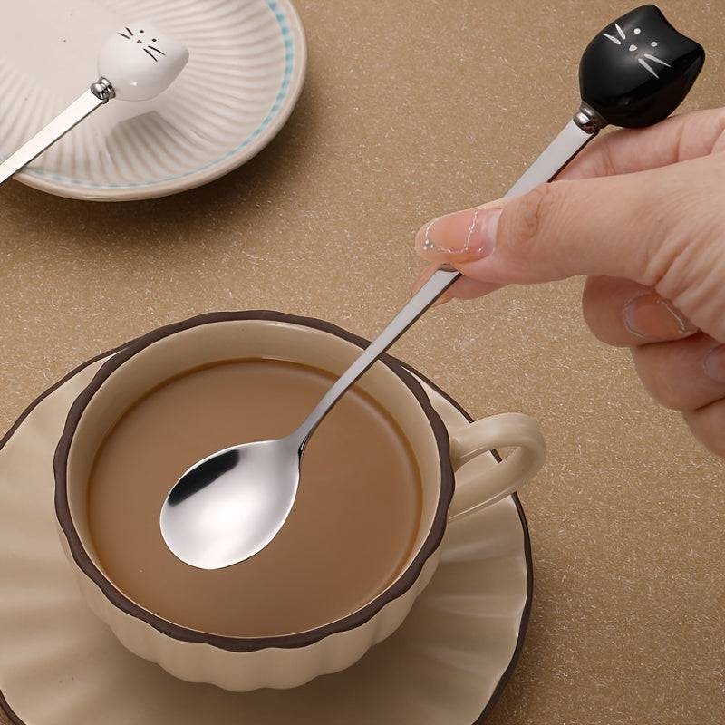 Cuchara de café de acero inoxidable con diseño de gato y panal de cerámica elegante - Utensilio de cocina duradero y decorativo con mango, ideal para preparar y servir café, accesorios para bares de café