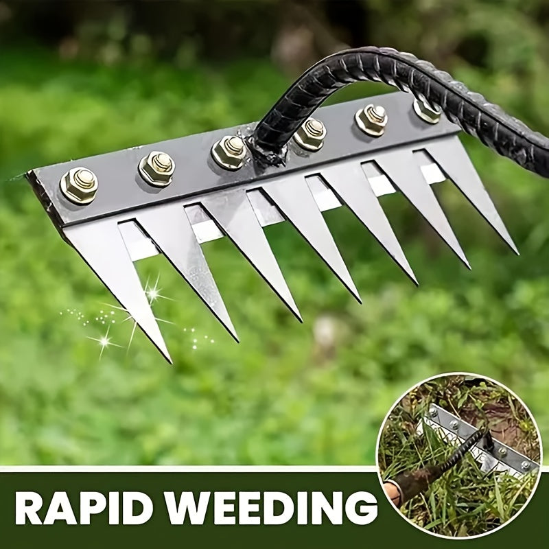 Rastrillo de jardinería de acero al carbono de alta resistencia con 5/6/7/8 dientes - Material grueso y duradero, mango ergonómico para la eficiente eliminación de malezas y suelos, herramienta de jardinería y agrícola para uso doméstico y profesional, r