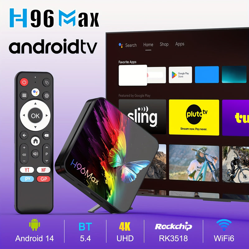 H96 MAX RK3518, caja de TV inteligente con Android 14.0, 4K@60Hz, WiFi 6 y BT 5.4, HDR10, Google Voice, Chromecast, navegador, puertos USB y Ethernet, enchufe de 110-220V, diseño compacto para cine en casa, transmisión de medios, reproductor de medios mo
