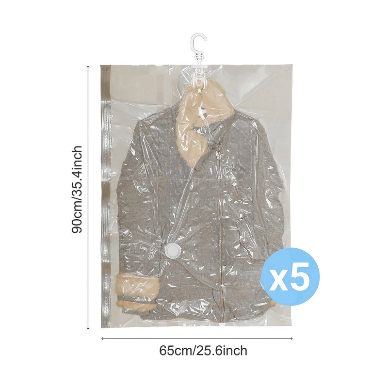 Bolsas de almacenamiento de vacío colgantes de 5 piezas, bolsas de ropa de plástico rectangular multipropósito con cierre de cremallera para abrigos de invierno, trajes, chaquetas y chaquetas de plumón - Organizador de armario ahorrador de espacio, no ne