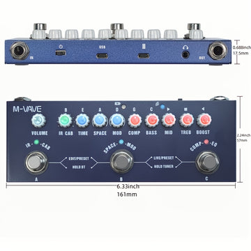 Pedal de efectos para guitarra M-VAPE Cube Baby BASS, multiefectos - con IR, 8 modelos de amplificador, delay, reverb, chorus, fase, carga USB, batería recargable de polímero, formato de señal analógica, construcción metálica, procesador de efectos para