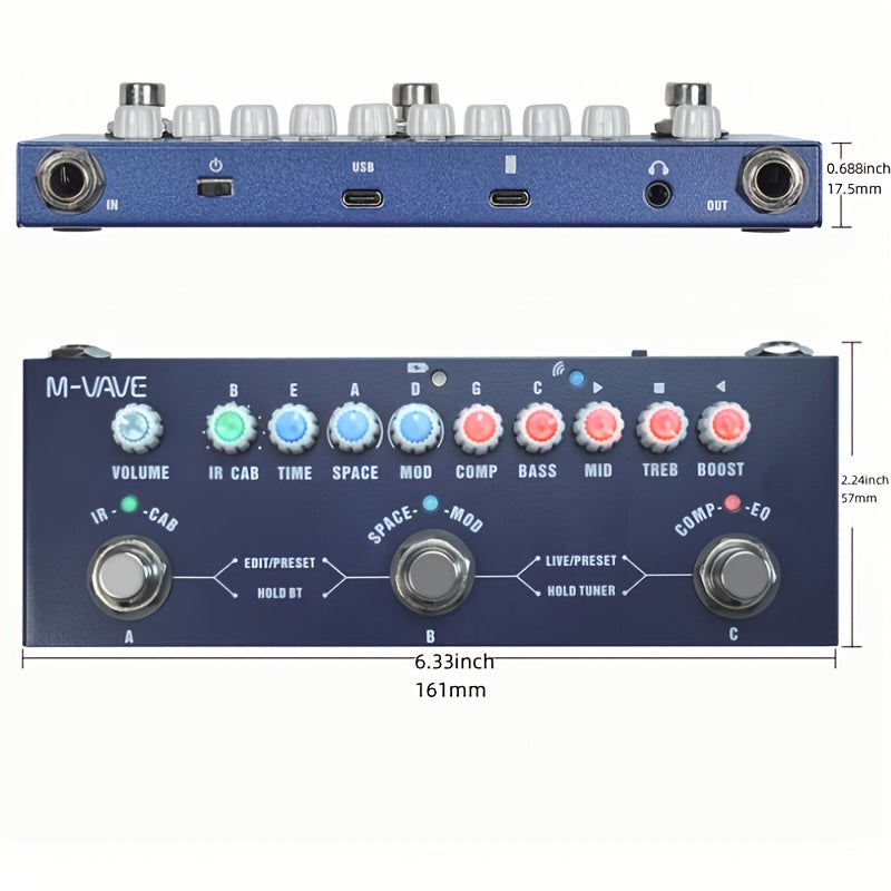 Pedal de efectos para guitarra M-VAPE Cube Baby BASS, multiefectos - con IR, 8 modelos de amplificador, delay, reverb, chorus, fase, carga USB, batería recargable de polímero, formato de señal analógica, construcción metálica, procesador de efectos para