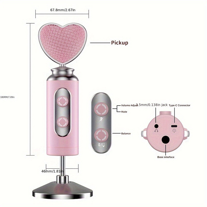 Micrófono Dinámico Rosa de Primera Calidad para Podcasting, Juegos y Transmisiones en Vivo - Forma de Corazón con USB/XLR y Función de Silencio Táctil, Insonorizado, Adecuado para Grabación de Voz, Todo el Material Metálico Gulban Festival Mubarak