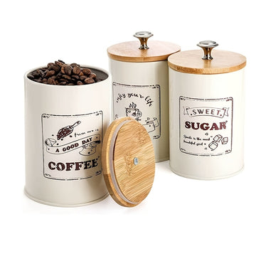 3 piezas/conjunto Cubiertas de frasco de mostrador de cocina, Cubiertas de frasco de cocina retro metálicas, Tres conjuntos, Cubiertas de frasco de café azúcar té, Frascos de almacenamiento de alimentos con tapas de bambú, Decoración de cocina de granja