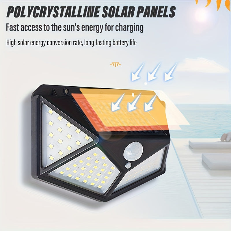 2 piezas de luz solar para pared con sensor de movimiento, 100 LED, portátil para camping, control táctil, iluminación exterior, fácil instalación, sin cables, recargable solar de alta calidad, luces solares para exteriores