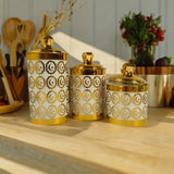 Pack de 3 Contenedores Herméticos para Alimentos de Lujo con Tapas Doradas y Cepillo de Limpieza - Plástico PET Libre de BPA, Recipientes Redondos de Gran Capacidad para Frutos Secos, Granos, Polvo de Cacao - Organización Elegante para Cocina y Despensa