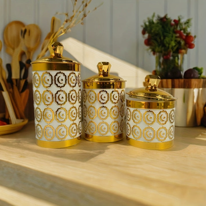 Pack de 3 Contenedores Herméticos para Alimentos de Lujo con Tapas Doradas y Cepillo de Limpieza - Plástico PET Libre de BPA, Recipientes Redondos de Gran Capacidad para Frutos Secos, Granos, Polvo de Cacao - Organización Elegante para Cocina y Despensa