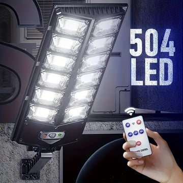 Juego de 1 lámpara solar con 504 LED súper brillantes, luz exterior con modo diurno y sensor de movimiento, ideal para patios, jardines, patios, aceras, campus y diversas iluminaciones exteriores