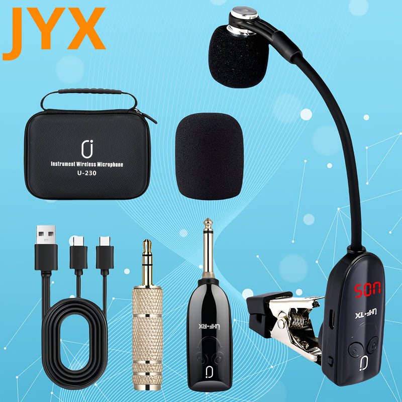 JYX Brand, U-230, Mejor Vendedor, Micrófono sin varillas UHF para Saxofón, Trompeta y Violonchelo, Sistema de Transmisor y Receptor con Carga USB, Distancia de Transmisión de 160 Pies, Incluye Estuche,
