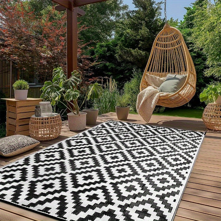 Alfombra Exterior de Poliéster 100% Premium - Patrón Geométrico y Blanco Duradero Lavable en Máquina para Interior/Exterior, Patio, Terraza, Camping, Entrada, Alfombras para Puerta Principal, Decoración de Patio