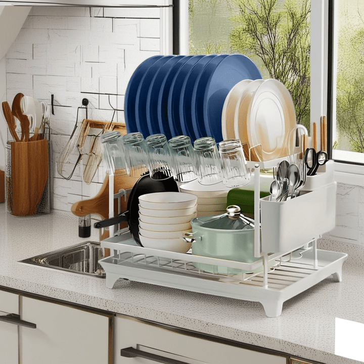 Estantería de platos de acero al carbono resistente de doble capa + tablero de drenaje, almacenamiento integrado! Dividido para platos/tablas de cortar/tazas, opciones negras y blancas, sostiene 6 tazas, adecuado para todas las estaciones.