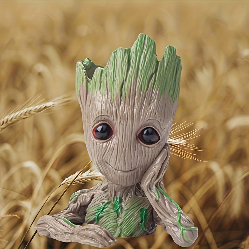 Maceta de Groot de Marvel - Árbol de dibujos animados lindo con flores rosas y blancas, hojas verdes, decoración de plástico duradera para interiores y exteriores, hogar, oficina, jardín, decoración de jardín de gnomos.