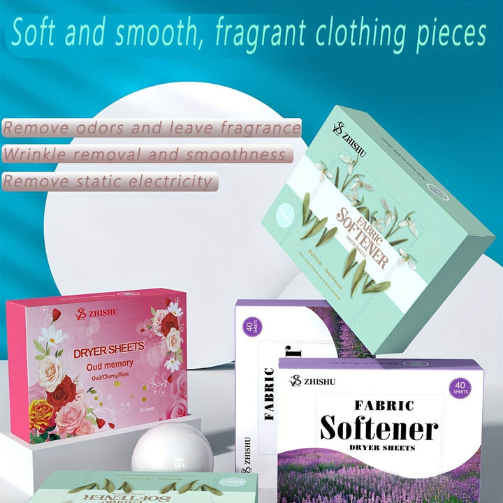 40 hojas de secado de ropa suave, con una variedad de olores, pueden usarse para eliminar arrugas, reducir la electricidad estática y hacer que la ropa sea más suave. Son adecuadas para uso en secadoras de hogar y tiendas de limpieza a seco.
