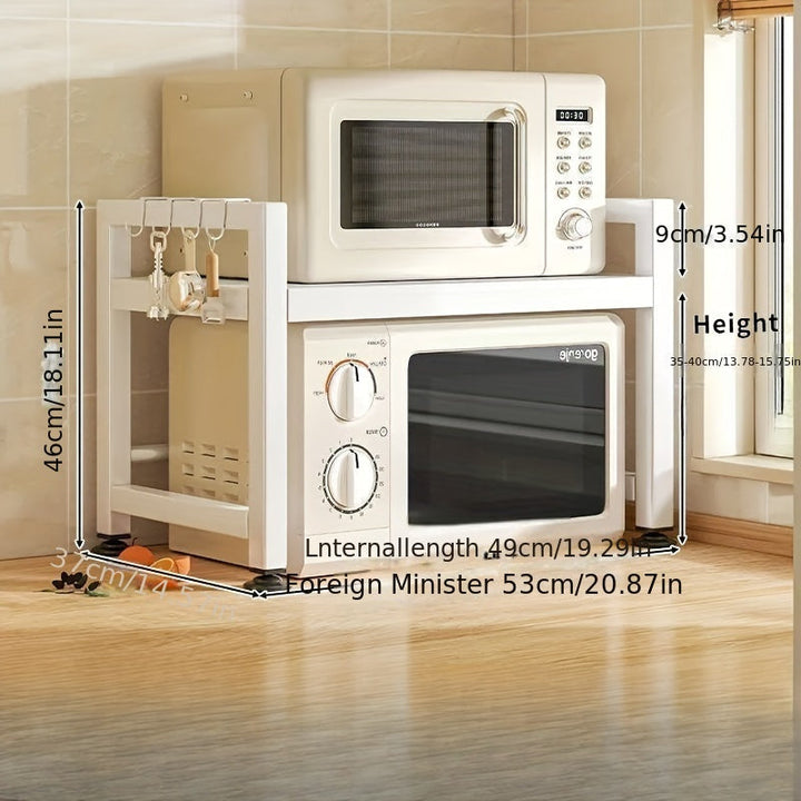 Soporte Expansible para Microondas, Estante de Almacenamiento para Utensilios de Cocina y Vajilla, Estante para Microondas para Encimera, Estante de Almacenamiento de Cocina Metálico de 2 Niveles, con 4 Ganchos, Estante para Pan, Estante para Microondas,