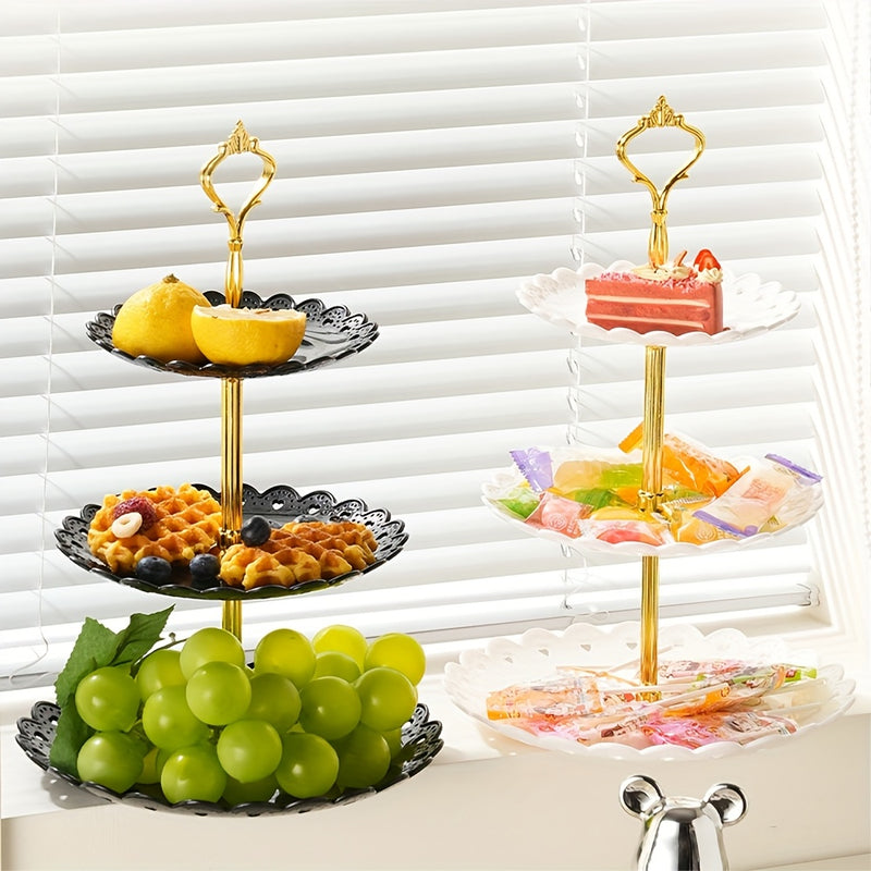 1pc Elegante Soporte de 3 Niveles de Plástico para Dulces, Multiusos, bandeja de servicio segura para contactos con alimentos para postres, frutas y pastelería, perfecta para bodas, cumpleaños y celebraciones de vacaciones