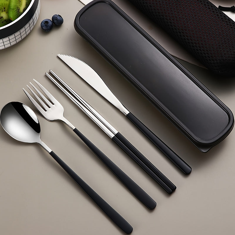 Juego de cubiertos portátil de acero inoxidable de 4 piezas, cuchillo de bistec occidental, tenedor, cuchara, juego de palillos.