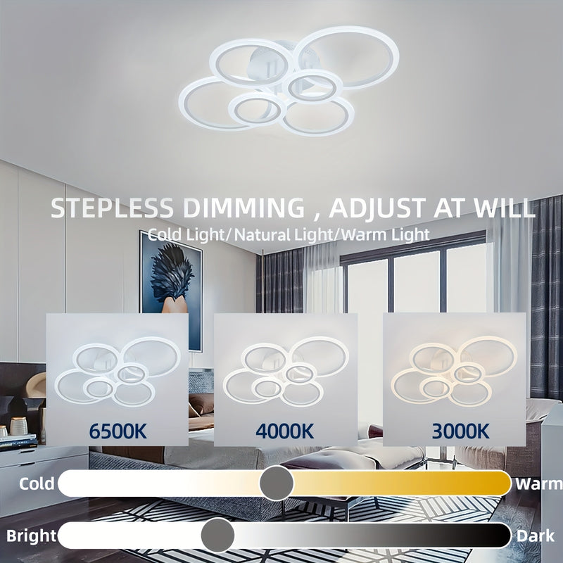 Luz de techo LED de montaje liso con 6 anillos, 78,74 pulgadas, 75 vatios, regulable con control remoto, 3000K-6500K, diseño semi-inmerso de metal para sala de estar, cocina, dormitorio, oficina - MH-YH4, iluminación de oficina | Luz de techo elegante |