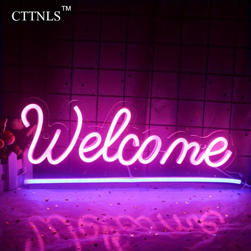 Señal de Bienvenida de Neón LED con Alimentación USB CTTNLS - Decoración de Pared Rosa Vibrante para Hogar, Negocio, Fiesta, Bar o Restaurante con Pegatinas Nano Doble Cara y Enchufe 5VUSB, Ambiente de Restaurante | Señal de Neón Moderna | Luz con Alimen