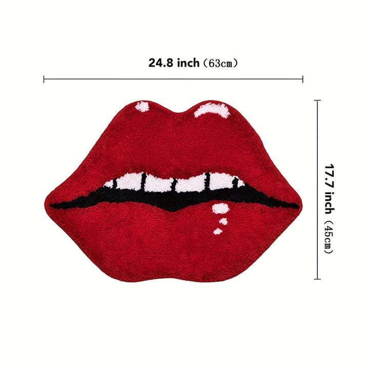 Alfombra de Baño Antideslizante con Labios Rojos de Peluche - Diseño Divertido de Labios Mordiendo, Absorbente y Lavable a Máquina, Alfombra de Ducha Ovalada con Base de TPR, Mezcla de Poliéster Suave para Decoración de Baño, Grosor de 2.5cm