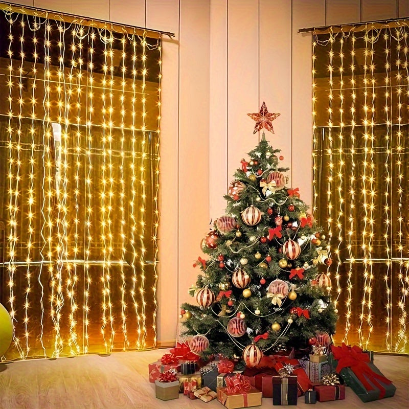 1 pieza de Cortina de Luces de Hada Encantadora -300/200/100LED, Alimentación por USB, Control Remoto - Ideal para Navidad, Fiesta, Día de San Valentín, Hogar, Boda y Decoración Estacional