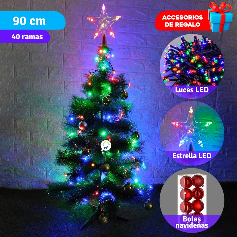 Árbol Navidad 90 cm Combo Estrella Luces Y Bolas De Regalo B3656