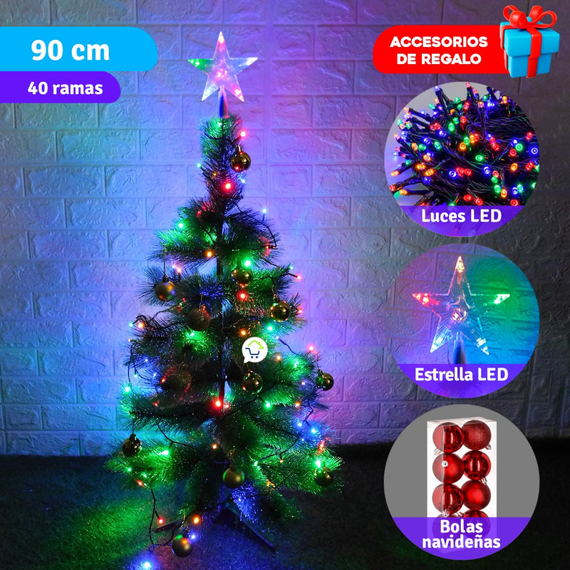 Árbol Navidad 90 cm Combo Estrella Luces Y Bolas De Regalo B3656