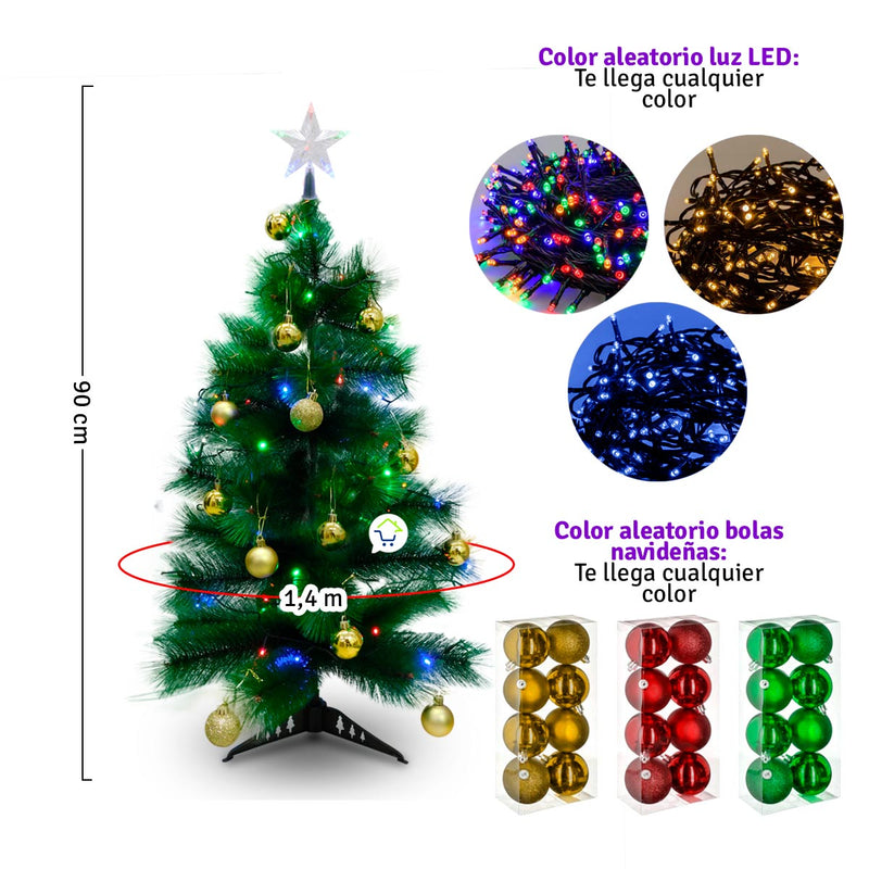 Árbol Navidad 90 cm Combo Estrella Luces Y Bolas De Regalo B3656