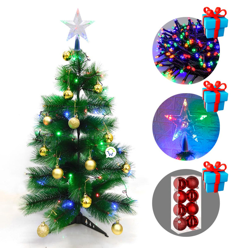 Árbol Navidad 90 cm Combo Estrella Luces Y Bolas De Regalo B3656