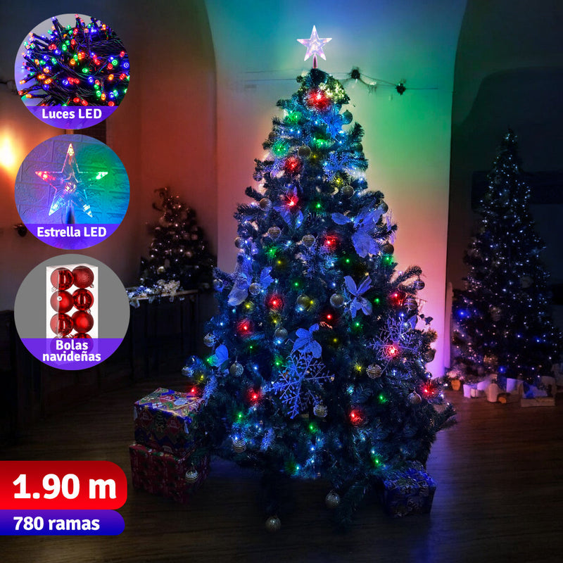 Árbol Navidad Singapur Tupido 1.90m 780 Ramas + Estrella + Luces + Bolas De Regalo SIN190