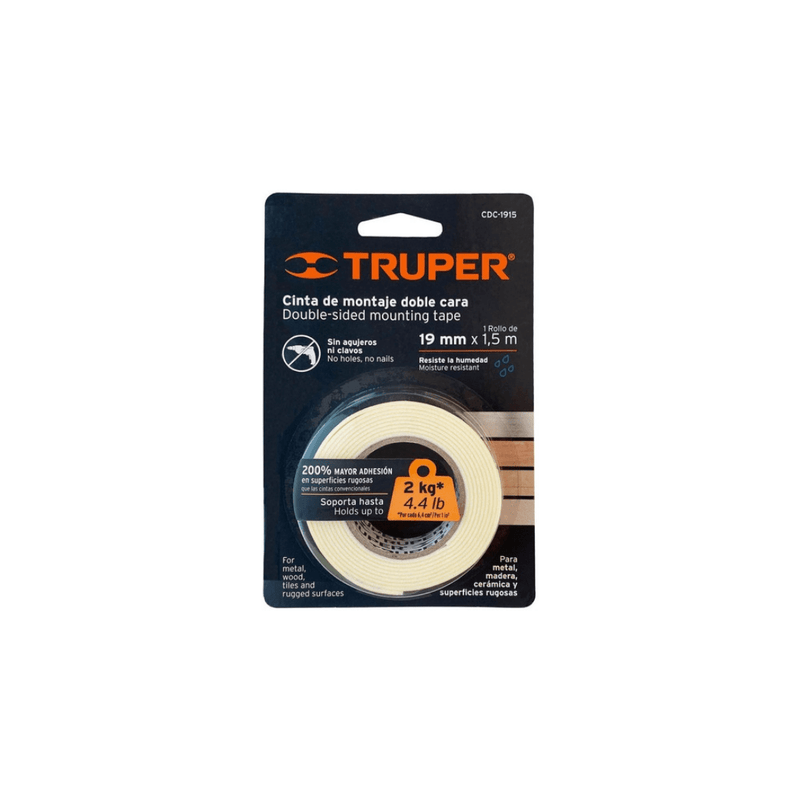 CINTA DOBLE FAZ 19MM X 1.5MTR TRUPER 11724