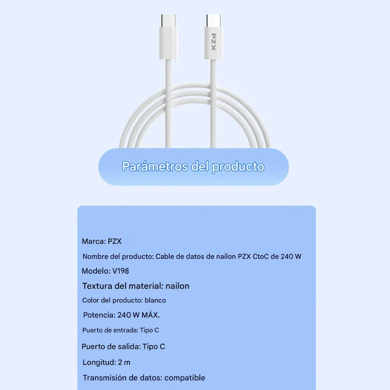 Cable De Carga Rápida 60W TypeC-C De 2 Metros PZX V198