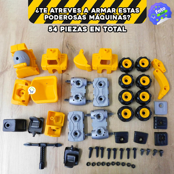 Caja Construcción 54 piezas Vehículos Armables Excavadora Volqueta PF122