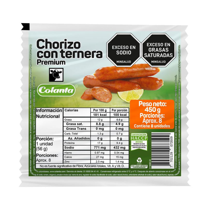 CHORIZO COLANTA 8U 450G TERNERA